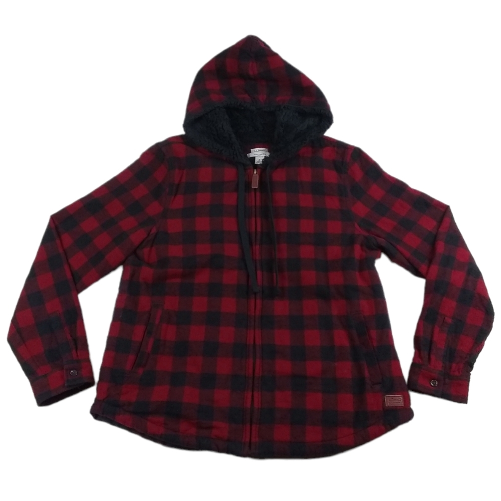 L.L. Bean Red and Black Plaid Hooded Zip Jacket